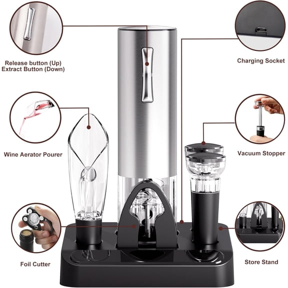 OTGFRF-Electric Wine Opener Set with Stand, USB Charging Corkscrew Remover, One-click Button Rechargeable Cordless Bottle Openers with Wine Pourer, Vacuum Stoppers, Foil Cutter for Home Party Wedding