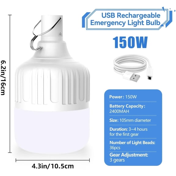 OTGFRF-Emergency LED Light Bulb, 150W USB Rechargeable LED Emergency Light Bulb with 5 Lighting Modes, Portable Emergency Rechargeable Light Bulbs with Hook for Outdoor Picnic Camping Tent
