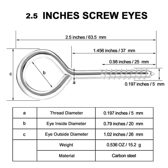 OTGFRF-Eye Bolts Screw in Heavy Duty, 20 Pcs 2.5 Inch Sturdy Stainless Steel Eye Hooks, Self Tapping Eyelet Screws for Securing Cables Wires, Hanging Lights, Indoor & Outdoor Use
