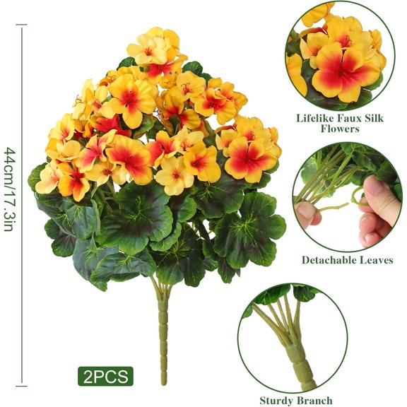 OTGFRF-Fake Flowers 2PCS 17.3In Artificial Geraniums for Outdoors Realistic Artificial Geraniums UV Resistant Silk Flowers for Home Garden Wedding Indoor Outdoor Decoration (Yellow)