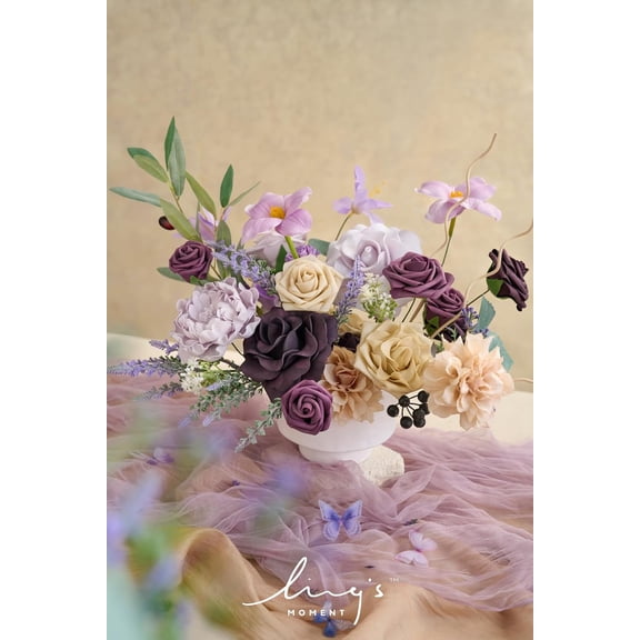 OTGFRF-Fake Flowers Box, Artificial Faux Greenery Stems Silk Olive Leaves Foam Rose for Wedding Bouquets Centerpieces Decorations Backyard Floral Arrangement, Lavender & Plum, Deluxe Combo