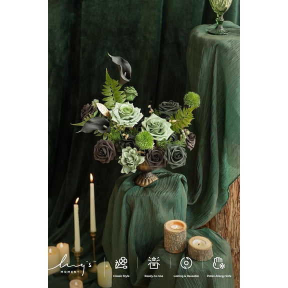 OTGFRF-Fake Flowers Box, Faux Artificial Greenery Stems Foam Roses Gardenia Silk Lily Fabic Flower for Centerpieces Bouquet Wedding Vase Floral Decorations, Emerald & Gold, Grand Combo