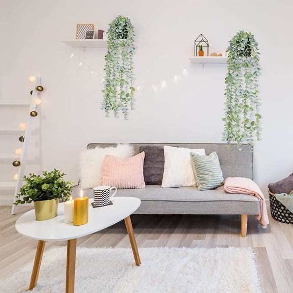 OTGFRF-Fake Hanging Plants Eucalyptus Potted Artificial Plant Small Faux Ivy Vines Decor for Floating Shelf Kitchen Bathroom Cabinets Indoor Outdoor Pack of 2 23.6 Inches Long