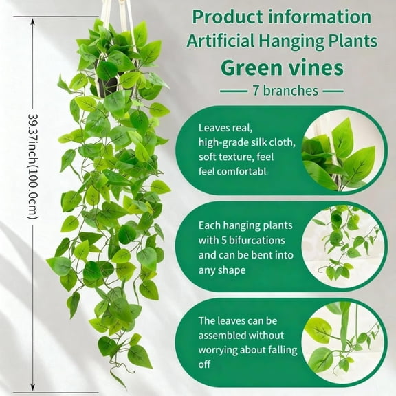 OTGFRF-Fake Pothos in Rope - Hanging Pot, Artificial Pothos Plants for Home Decor Indoor Macrame Plant Hanger with Faux Vine Hanging Planter Greenery for Bedroom Bathroom Kitchen Office Decor