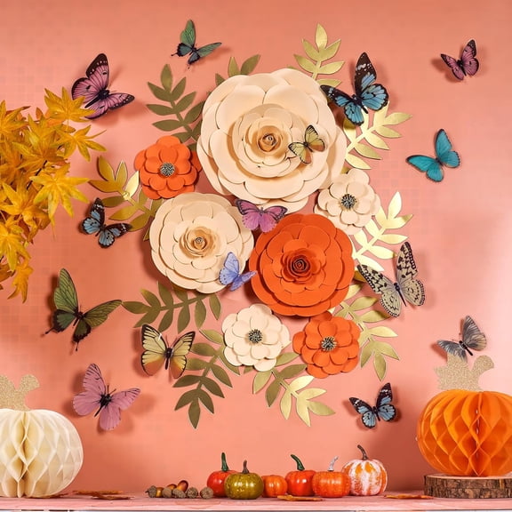 OTGFRF-Fall Artifical Paper Flowers Decorations for Wall, Fall Bulletin Board Decorations for Classroom, Fall Window Clings for Autumn Party,Thanksgiving,Tea Party,Wedding.