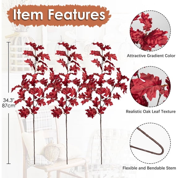 OTGFRF-Fall Leaves Stems 34.3 Inch Long Artificial Oak Faux Fall Leaves Oak Fall Stems for Table Centerpiece Porch Vase Basket Bouquet Party Home Autumn Festival Thanksgiving Decor (Red)