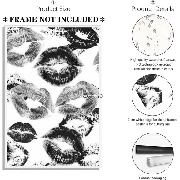 OTGFRF-Fashion Kiss Lips Wall Art Trendy Sexy Lipstick Marks Poster Stylish Black and White Teen Girl Room Decor Minimalist Romantic Feminist Lip Canvas Print for Girly Bedroom 12x18inch Unframed