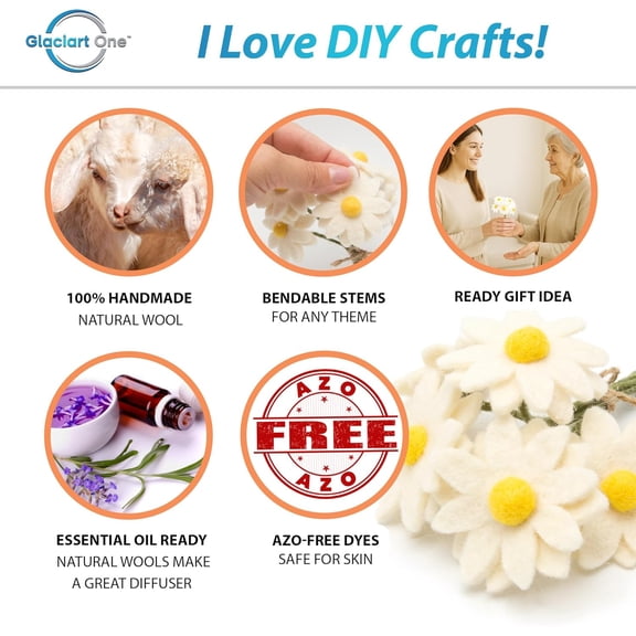 OTGFRF-Felt White Daisy Artificial Mini Flowers Bouquet - 5pcs | Reusable, Washable and Essential Oil Ready w/Bendable Wire Stem | Great as Gift and Home or Event Decorations