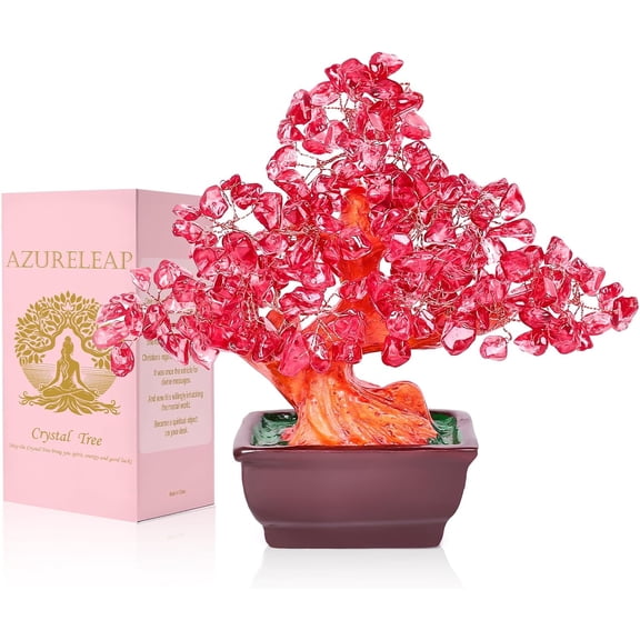 OTGFRF-Feng Shui Quartz Crystal Money Tree Bonsai Style Decoration for Luck and Wealth (Red)
