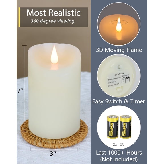 OTGFRF-Flameless Candles Flickering 3D Moving Flame, Last 1000+ Hours Battery Operated Candles with Timer, Ivory Real Wax Electric LED Pillar Candles for Home Wedding Decoration | 3" x 7"