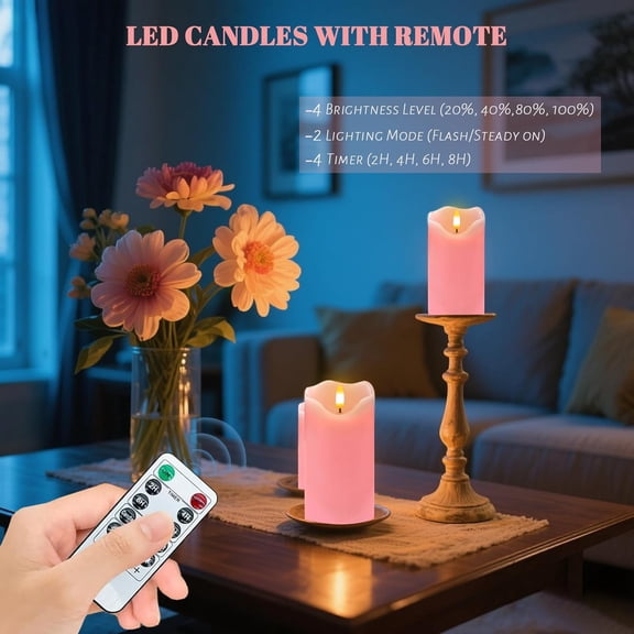 OTGFRF-Flameless Candles Light, Set of 2 6"x3" Flickering LED Candle with Remote & Timer, Dimmable Electric Pillar Candles Battery Operated, Pink Candles for Valentine's Day Xmas Home Decor (2PC)