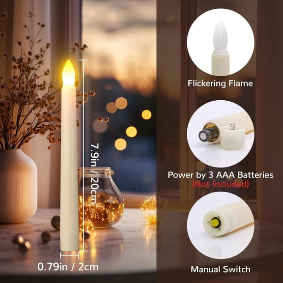 OTGFRF-Flameless Candles with Remote Timer, 7.9" Ivory Battery Operated LED Taper Dripless Floating Flickering Candles for Wedding Halloween Thanksgiving Christmas Themed Party Valentines Decorations