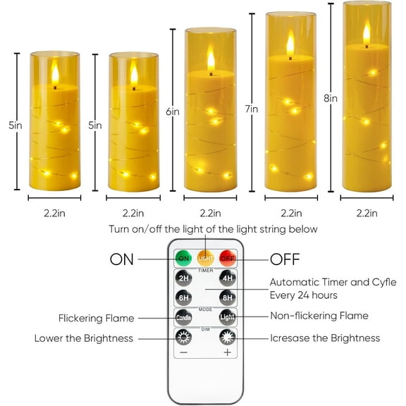 OTGFRF-Flameless LED Candle with Embedded Star String Lights, Fake Candles with Remote Control & Timer, Battery Operated Candles, Amber, Set of 5