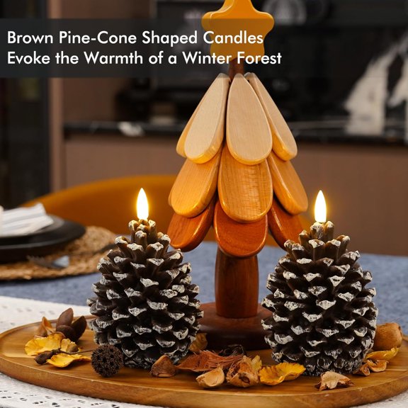 OTGFRF-Flameless Pine Cone LED Candles with Timer Function for Christmas, Real Wax Battery Operated Candles for Winter Decoration - D 3.55" - Set of 2 - Dark Brown