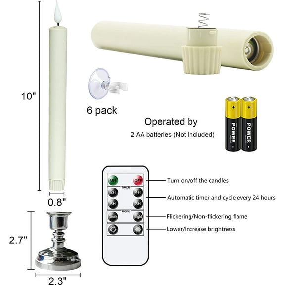 OTGFRF-Flameless Taper Window Candles with Remote and Timer, 11 Inches Battery Operated 3D Wick with Purple Yellow Light Ivory Candles, 6 Pcs Silver Plastic Holder and Suction Cups Included, Christma