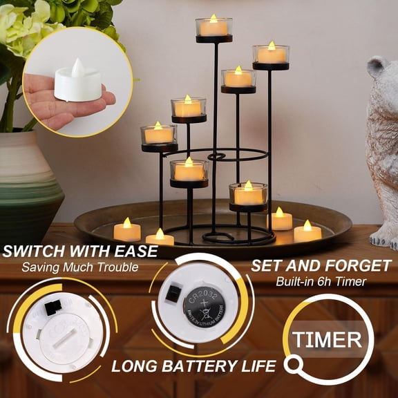 OTGFRF-Flameless TeaLights Candles with Timer,6 Hours On and 18 Hours Off in 24 Hours Cycle Automatically,Pack of 12 Battery Operated LED Tea Lights Flickering Votive Candles Timer Warm Yellow Light