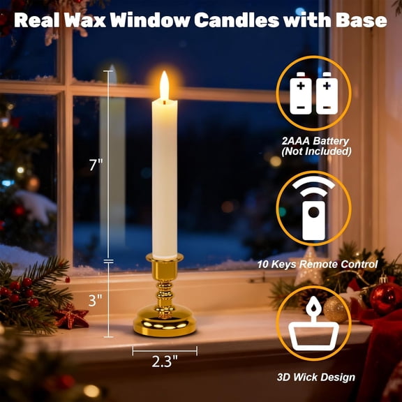 OTGFRF-Flameless Window Candles with Remote Timer, 7" Battery Operated 3D Wick Real Wax LED Flickering Taper Candles for Christmas Decoration, Removable Gold Holder and Suction Cups Included 4Pack