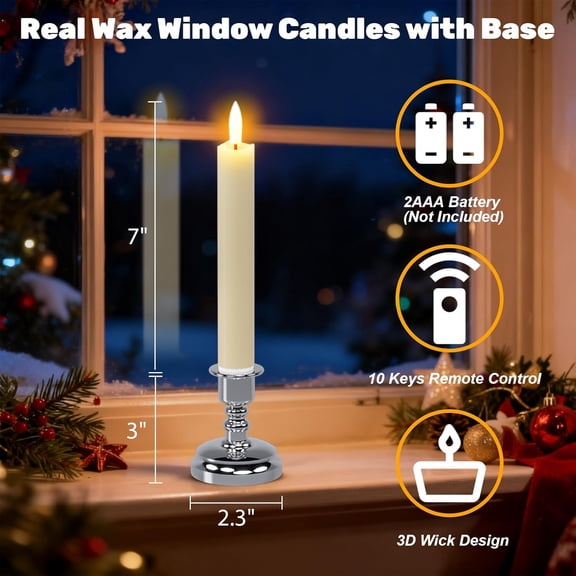 OTGFRF-Flameless Window Candles with Remote Timer, 7" Battery Operated 3D Wick Real Wax LED Flickering Taper Candles for Christmas Decoration, Removable Silver Holder and Suction Cups Included 4Pack