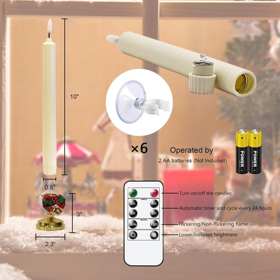 OTGFRF-Flameless Window Candles with Remote Timer, Battery Operated Taper Candles with Wreath, 3D Wick Flickering for Christmas Decoration, Removable Suction Cups and Gold Holders Included (6 Packs)