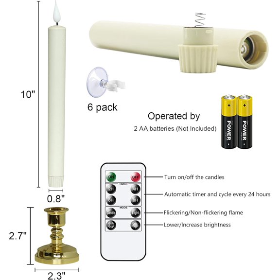 OTGFRF-Flameless Window Candles with Remote & Timer Christmas Decoration, 11 Inches Battery Operated 3D Wick with Purple Yellow Light, 6 Pack Gold Plastic Holder and Suction Cups Included