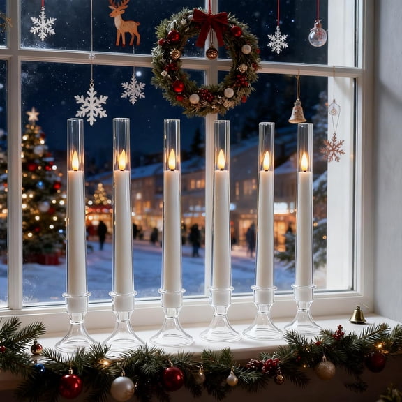 OTGFRF-Flameless Windows Candles Battery Operated with Timer Remote, 6Pcs White Acrylic Flameless Candlesticks with Holders, LED Taper Candles Flickering for Halloween Christmas, 0.8 x 8 inches