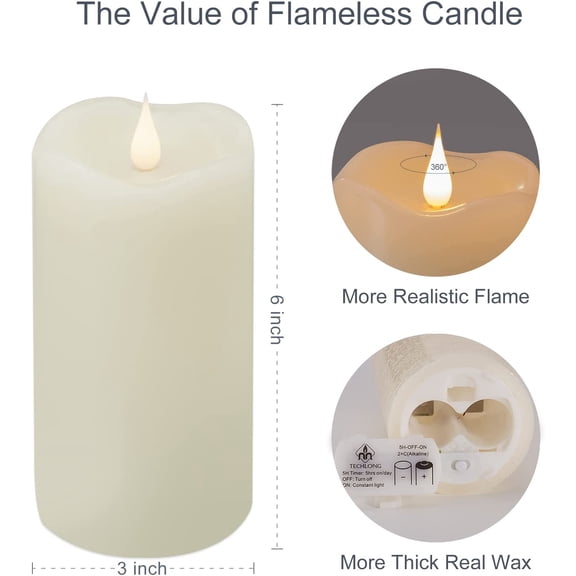 OTGFRF-Flickering Flameless Candles with 3D Moving Flame, Last 1000+ Hours Battery Operated Candles with Timer, Ivory Real Wax Pillar Electric LED Candle for Wedding Christmas Party/3" x 6"