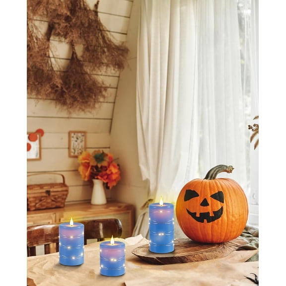 OTGFRF-Flickering Flameless Candles with Embedded String Lights, Battery Operated Candles with Remote Control and Timer,LED Candles for Home Decoration,Real Wax, 3 Pack Blue