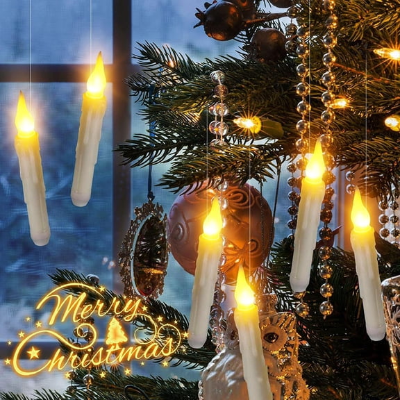 OTGFRF-Floating Candles with Magic Wand Remote - 12 Pack Ivory Battery Operated Flickering Hanging Flameless LED Candle Lights,Realistic Taper Candles with String for Halloween,Christmas,Windows,Ceil