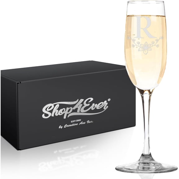 OTGFRF-Floral Initial Letter Monogram Laser Engraved Champagne Flute Glass 8 oz. with a Gift Box Flower Theme Monogrammed Gift for Her (R)