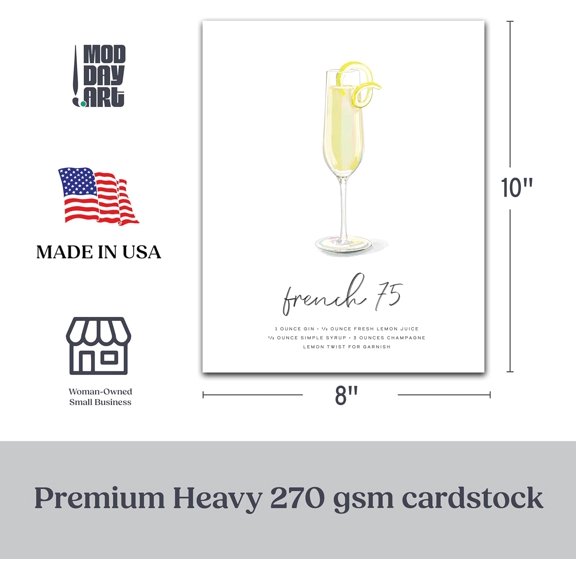 OTGFRF-French 75 Cocktail Wall Art | 8x10 Unframed Bar Cart Decor | Vintage Champagne Gin Poster | Mix and Match for Bar, Kitchen, Dining Room | Illustrated French 75 Art Print | Mod Day Art