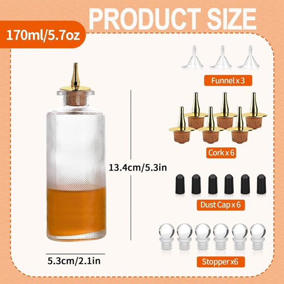 OTGFRF-Frosted Bitter Bottle 6pcs 5.7oz/170ml, With Gold Plated Cork Dasher Top For Cocktail (6, Frosted Gold)