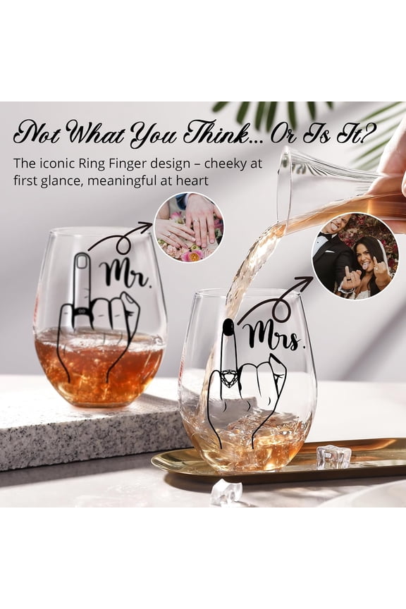 -Funny Engagement Gift for Couples Ring Finger Wine Glasses Set Cool Bridal Shower/Wedding/Bachelorette Gift for Bride and Groom, Newlyweds, Bridal Shower, Just Married,Mr and Mrs