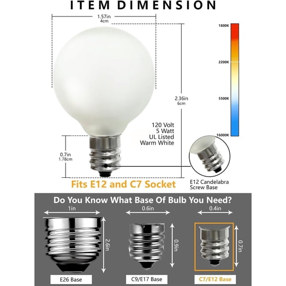 OTGFRF-G40 Globe Replacement Bulbs with Frosted White, 1.5 Inch -5 Watt -Screw Base -Fits E12 and C7 Sockets, 25 Pack