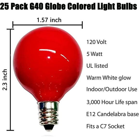 OTGFRF-G40 Multicolor Christmas Replacement Light Bulbs, 25 Pack Round Colorful Christmas Bulbs, 1.57 Inch Globe Xmas Light Bulbs, E12/C7 Candelabra Base Light Bulb for Indoor Outdoor Decor- 5 Watt