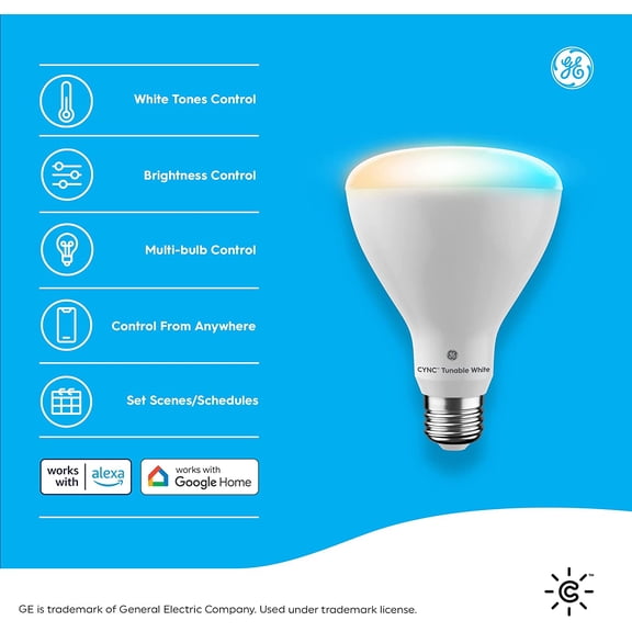 OTGFRF-GE CYNC Smart LED Light Bulbs, Tunable White, Bluetooth and Wi-Fi, Works with Alexa and Google, BR30 Indoor Floodlights (2 Pack)