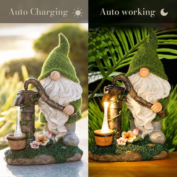 OTGFRF-Garden Gnomes Decor with Solar Lights, Fathers Gifts, Green Outdoor Resin Decorations for Porch Patio, Gnome Ornaments for Dad and Mom9"