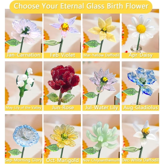 OTGFRF-Glass Birth Month Flower, Handmade Blown Glass Flower Birthday Gift for Mother Father Friends (July - Water Lily)