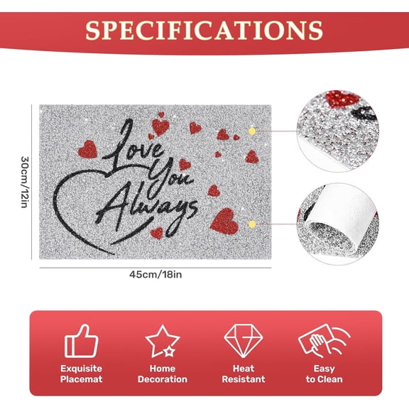OTGFRF-Glitter Placemat, Silver and Red Rhinestones Table Mat Home Decoration for Centerpiece Dining Table Love You Always Mother's Day Family Frineds Birthday Gifts