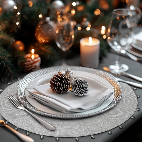 OTGFRF-Glitz Beaded Charger Placemat - Silver Jingle Bells - Set of 4 Handmade Table Mats - Christmas Xmas Dining Harvest Fall Holiday Celebration Festive Party Table Dcor - 13.5 inches Round