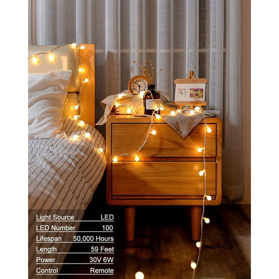 OTGFRF-Globe String Lights, 59 Ft 100 LED Christmas Lights with Remote Timer, Connectable Plug in Twinkle Lights for Bedroom Wedding Classroom Indoor Outdoor Decor, Warm White