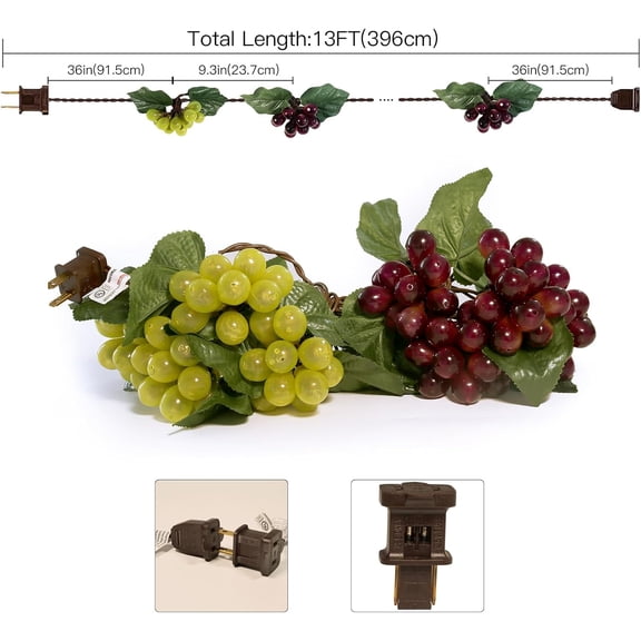 OTGFRF-Grape Vine String Lights, 100 LED Grape Lights, Fruit String Lights for Kitchen, Wine Cabinet, Home Decoration, 10 Cluster Purple and Green Grapes Christmas Lights