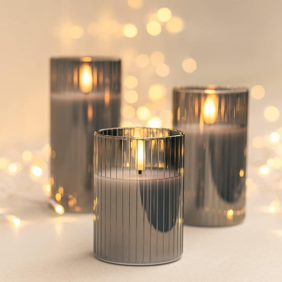 OTGFRF-Gray Flameless Candles with Remote, Battery Operated Candles with Timer, LED Candle Flickering Pillar, Fake Electric Candles for Home Bathroom Shelf Decor, Set of 3