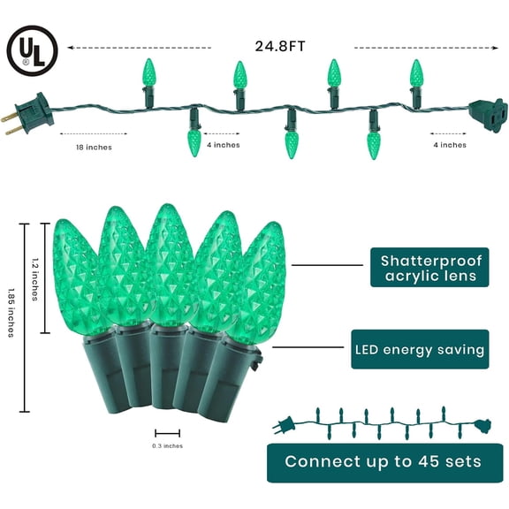 OTGFRF-Green C6 LED Christmas Lights 70 Strawberry Bulbs, 24.6ft Green Wire, UL Listed Outdoor Waterproof String Lights for Christmas Tree, Wreath, Patio & St. Patricks Day Decorations
