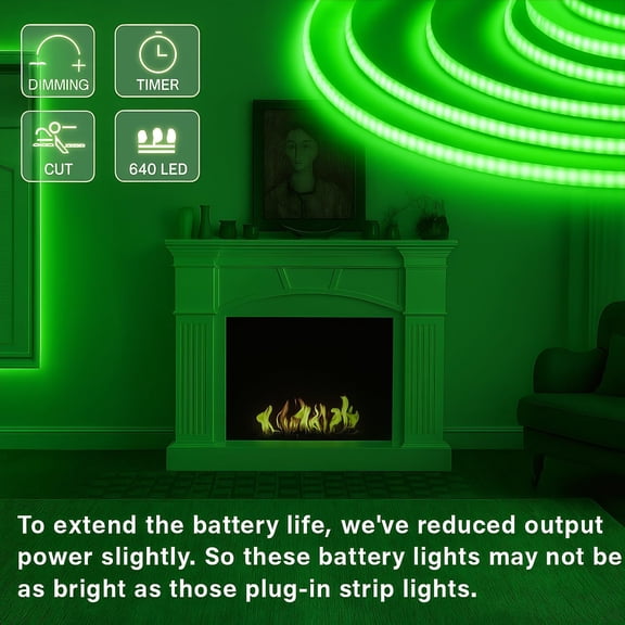 OTGFRF-Green COB LED Strip Lights Battery Powered with Remote, 6.56FT 640LED Light Strip Dimmable Cuttable Flexible Wireless LED Tape Light for Cabinet, Boat, Car, Computer, TV, Holidays Party (2 Pac