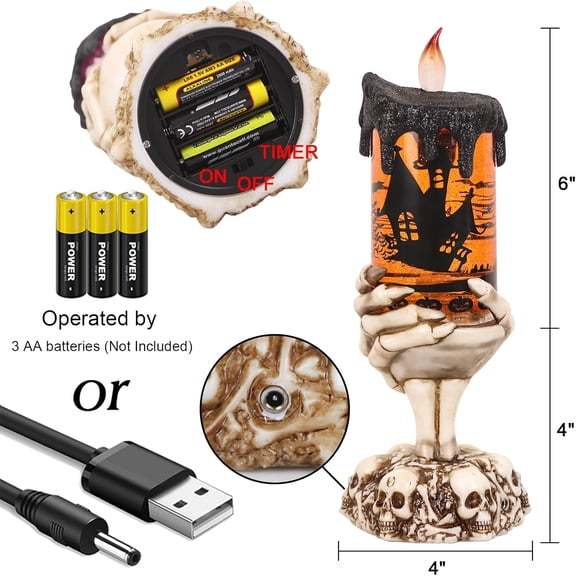 OTGFRF-Halloween Snow Globe Candles Lighted Lamp USB Powered Battery Operated Spooky Spinning Water Glittering Tornado Flameless Candles Skeleton Hand Holder Halloween Centerpiece Decor(Castle)