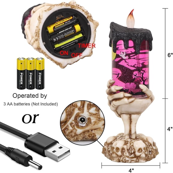 OTGFRF-Halloween Snow Globe Flameless Candle with Timer, Battery Operated Tornado Lamp Skeleton Hand Candle Holder Purple Light Glittering Spinning Water Halloween Table Decor(Ghost, 4" x 10")