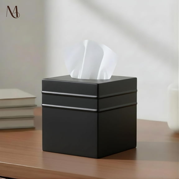 OTGFRF-Handcrafted Tissue Box Cover Square, Border Embossed Black Tissue Holder for Bathroom, Square Metal Dresser Accessories for Home and Office, Decorative Tissue Box Holder, Matte Black