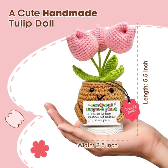 OTGFRF-Handmade Positive Tulip Flower - Emotional Support Crochet Gift for Women - Inspirational, Mental Health, Mothers Day, Birthday Gift for Mom, Sister, Friend, Coworker - Crochet Doll with Card