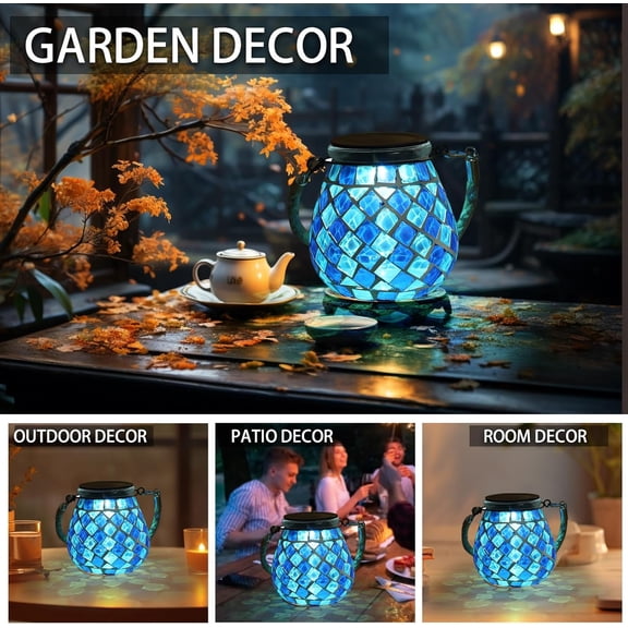 OTGFRF-Hanging Lanterns Solar Lights Outdoor Waterproof,Decorative Mosaic Solar Lamps for Patio,Garden,Yard,Solar Powered Glass Ball Led Night Light for Outside Table or Pathway Decor(Blue)
