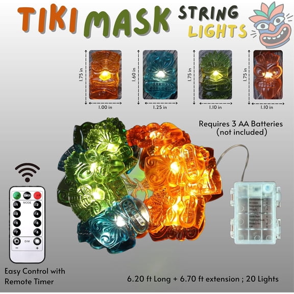 OTGFRF-Hawaiian Luau and Summer Party Decorations, 7FT 20PCS Tiki Mask LED String Lights, Waterproof Battery Operated Tropical Fairy Lights for Backyard Porch Patio Pool Garden Bar Festive Lighting